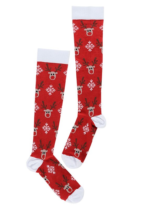 Reindeer & Snowflakes Pattern Red Long Christmas Socks - One Size Fits Most
