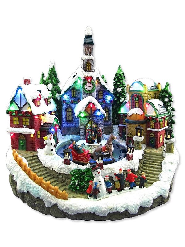 Resin Church & House Scene With Animated Train Illuminated Ornament - 32cm
