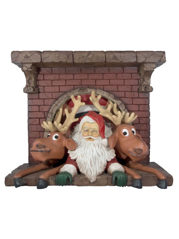 Resin Santa & Reindeer Squeezing Out Of Fireplace Decor - 1.1m
