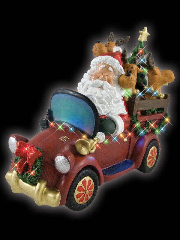 Resin Santa & Reindeers In Car LED Ornament - 31cm