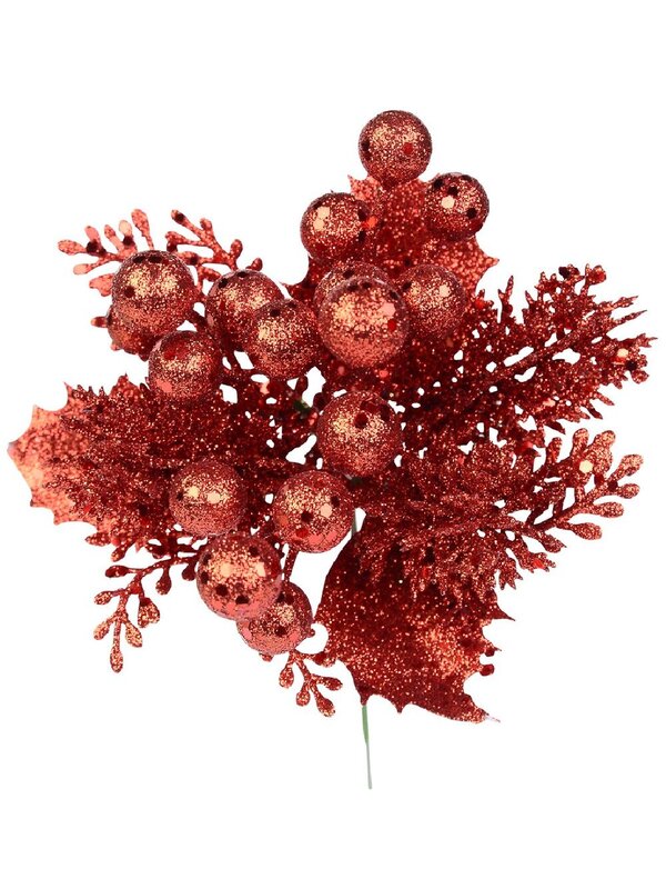 Ruby Red Glittered Berry With Twigs & Leaves Christmas Floral Pick - 20cm