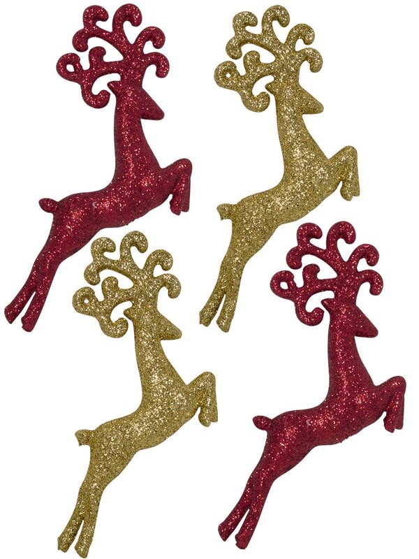 Ruby Red & Gold Glittered Deer Decorations - 4 x 10cm