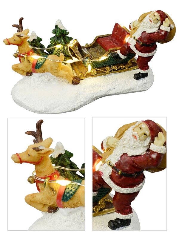 Santa, Sleigh & Reindeer With Illuminated Reins Resin Figurine - 12cm
