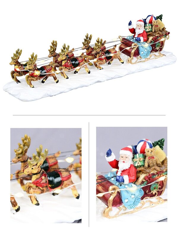 Santa, Sleigh & Reindeers In Snow With Warm White LED Lights | 22cm