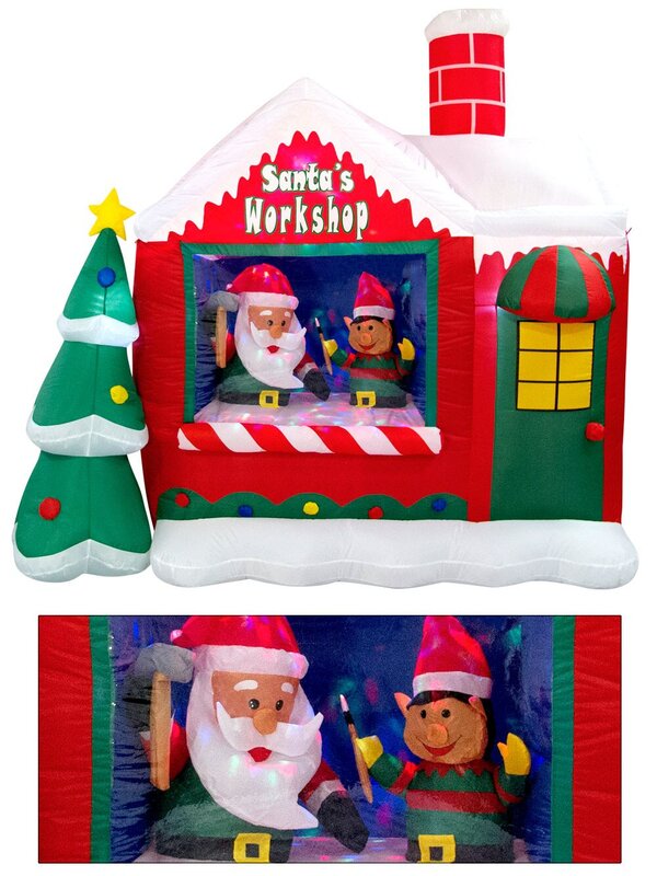 Santa's Workshop Illuminated Inflatable With Santa Elf & Tree - 1.8m