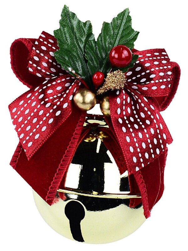Shiny Gold & Red Bow Whimsical Statement Tinkling Jingle Bell Bauble | 90mm