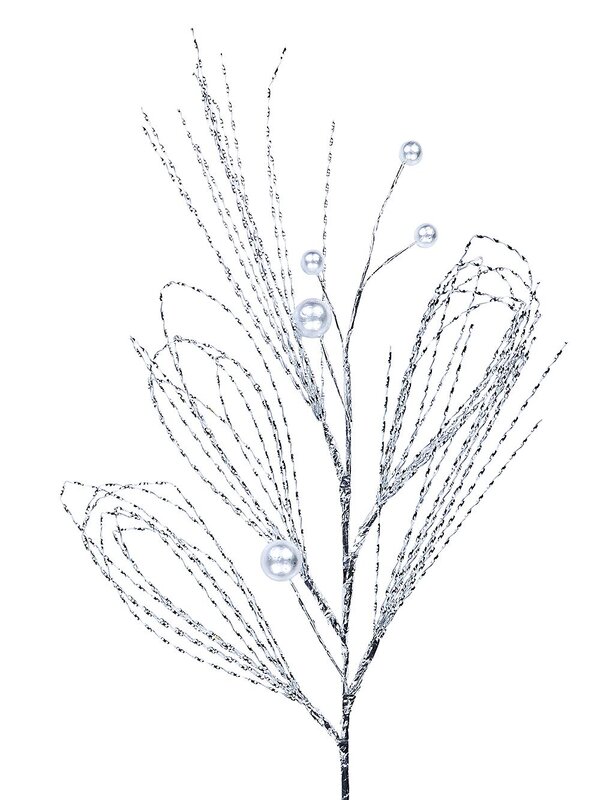 Shiny Silver With Matte Baubles Twig Spray Long Christmas Stem | 75cm