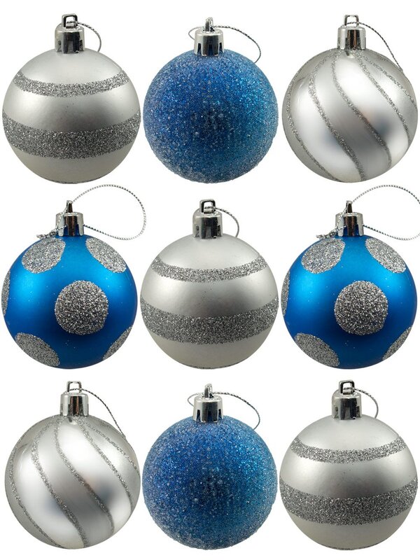 Silver & Blue Baubles With Assorted Patterns - 9 x 60mm