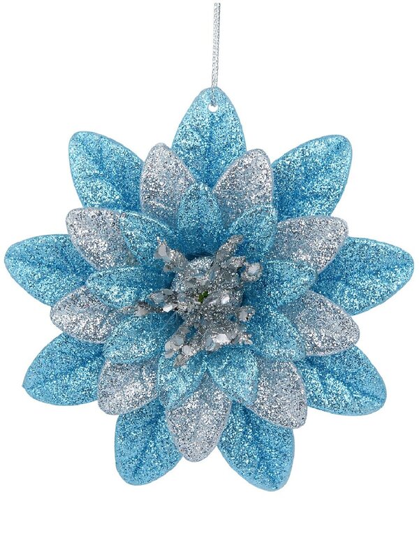 Silver & Blue Glitter Lotus Flower Whimsical Essential Ornament | 11cm