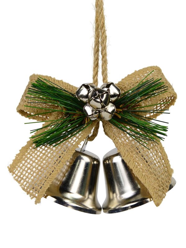 Silver Chrome Double Bells With Hessian Bow Hanging Ornament - 12cm