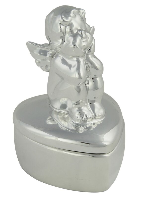 Silver Cupid On Heart Shaped Box Keepsake Ceramic Christmas Ornament - 13cm