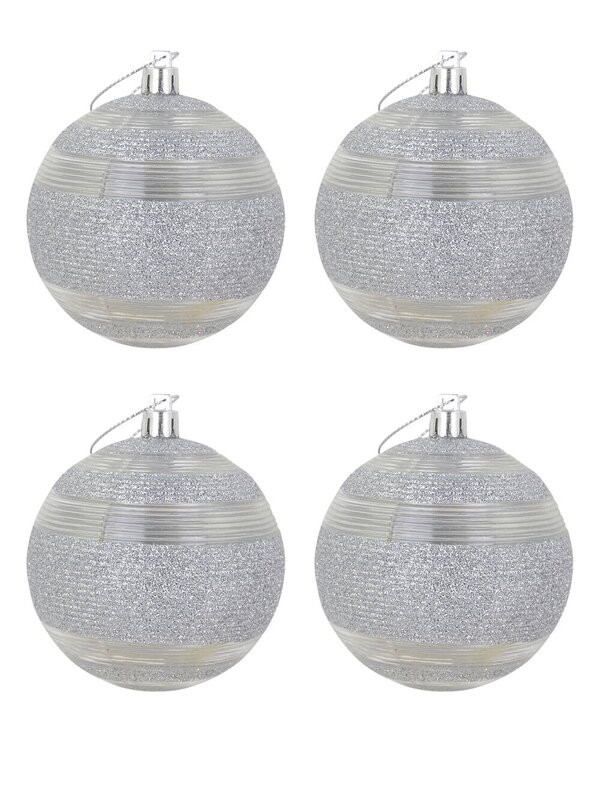 Silver Glitter Baubles With Clear Lined Trim - 4 x 80mm