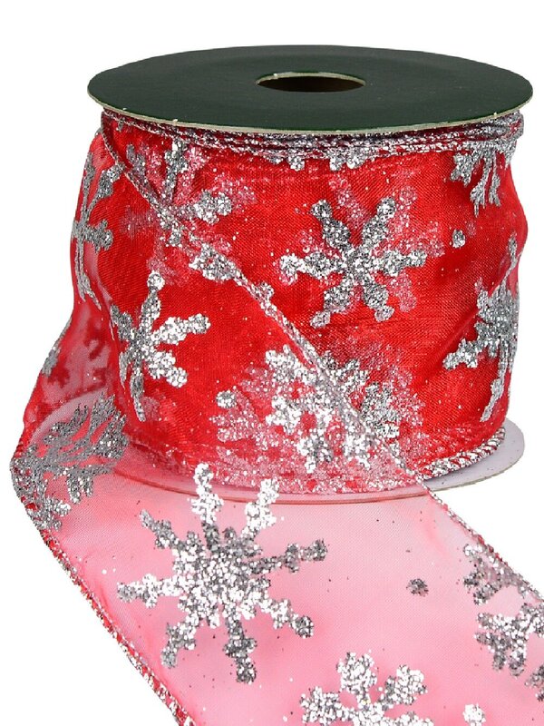 Silver Glitter Snowflake Pattern & Edge Sheer Red Christmas Ribbon - 3m