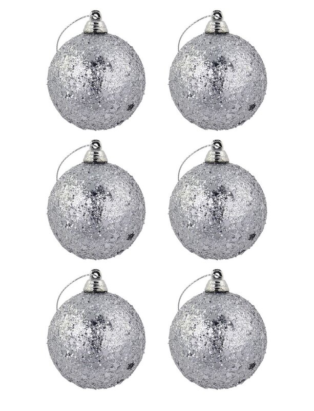 Silver Glitter & Star Covered Baubles - 6 x 60mm