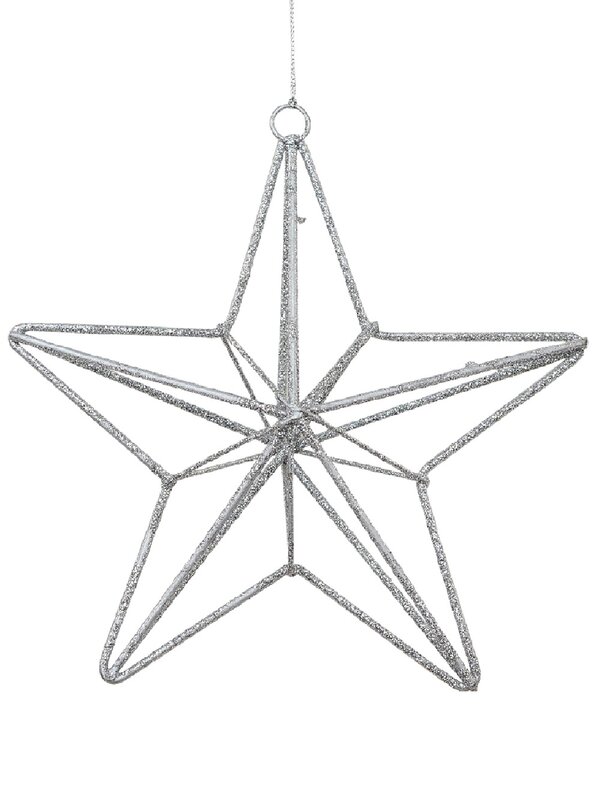 Silver Glittered 3D Wire Framed Star Christmas Tree Hanging Decoration - 16cm