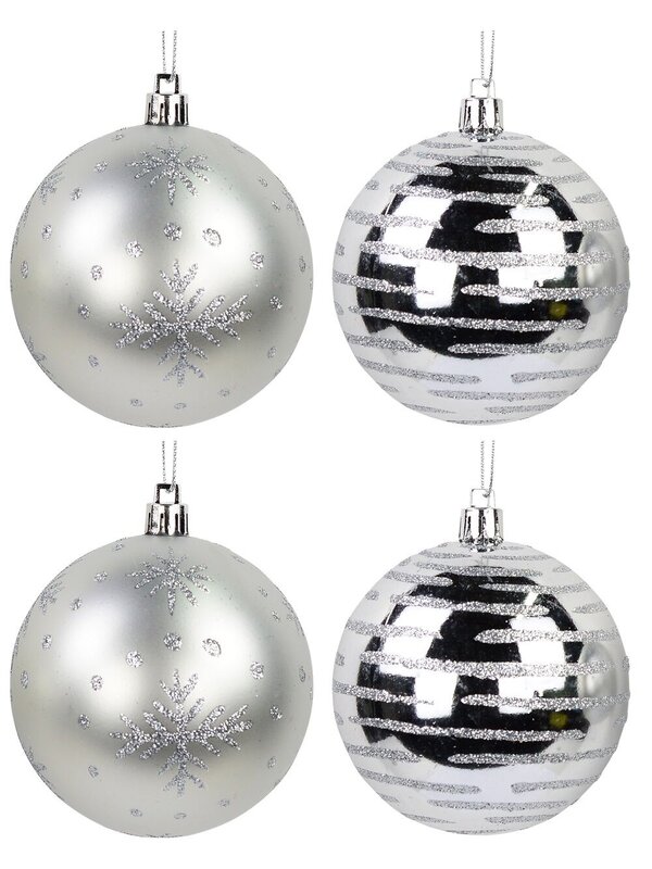Silver Gloss & Matte Baubles With Glitter Lines & Snowflakes Print - 8 x 80mm