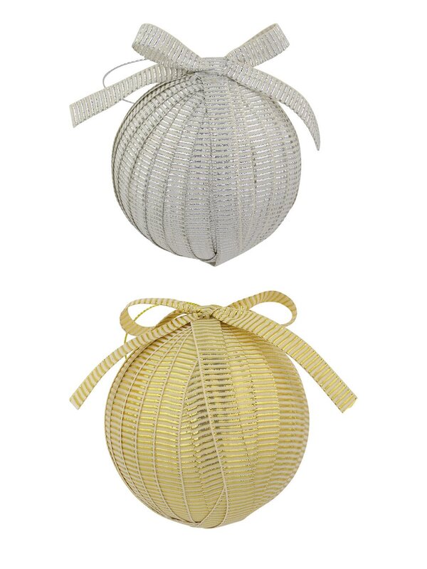 Silver & Gold Ribbon Covered Christmas Baubles With Bow - 2 x 80mm
