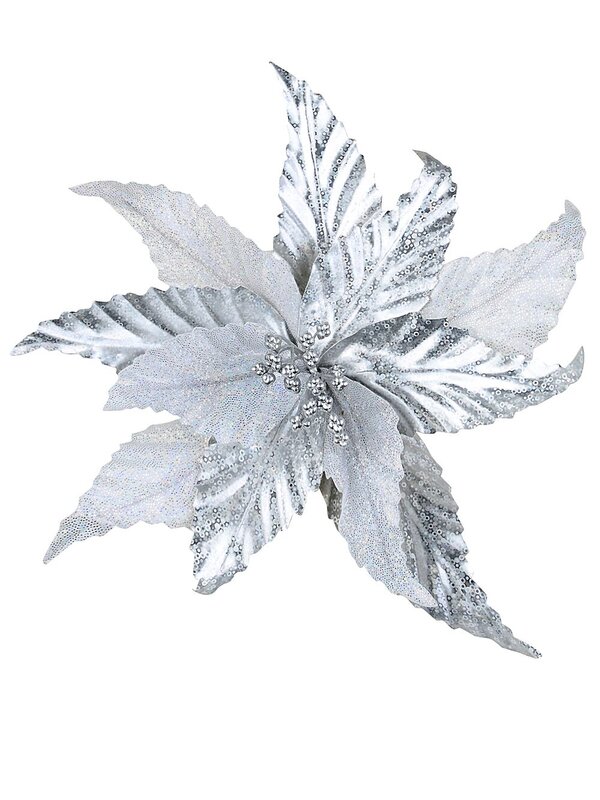 Silver Holographic & Iridescent Poinsettia Christmas Tree Clip Pick | 24cm