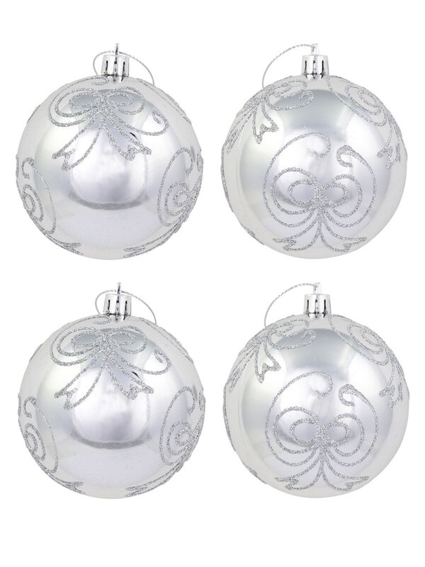 Silver Metallic Baubles With Silver Glitter Bow Design - 4 x 80mm