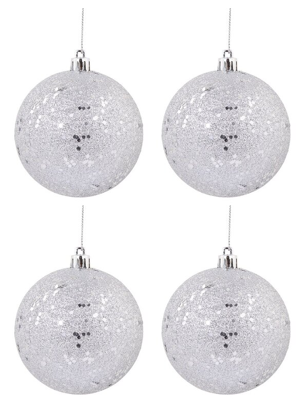 Silver Metallic Sequins & Glitter Coated Baubles - 4 x 80mm