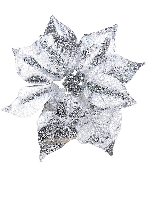 Silver With Sequins Poinsettia Decorative Christmas Floral Pick - 28cm