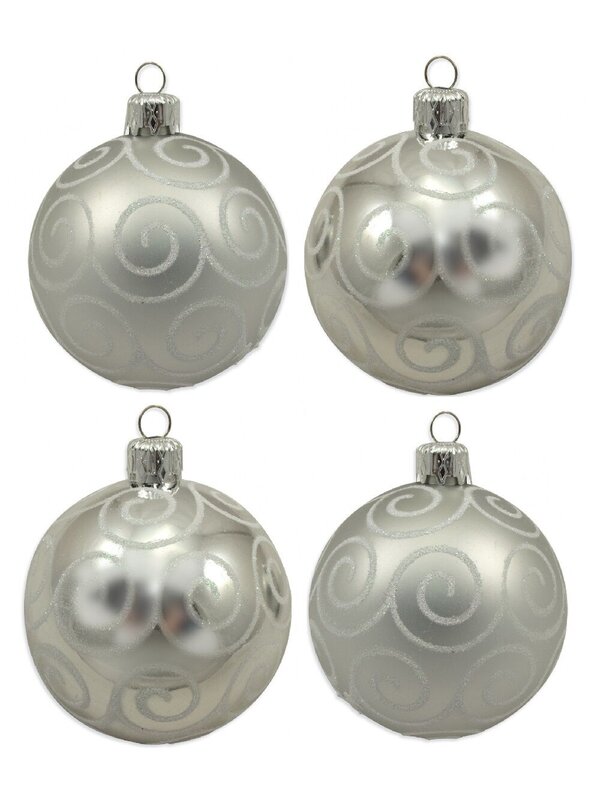 Silver With Swirls Christmas Baubles - 4 x 75mm