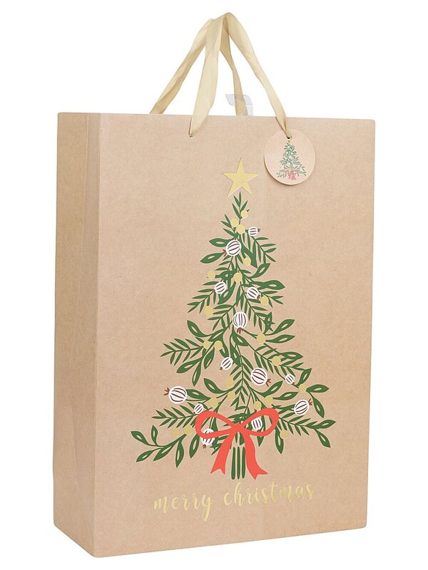 Small Natural Kraft Look Gift Bag With Decorated Christmas Tree Print