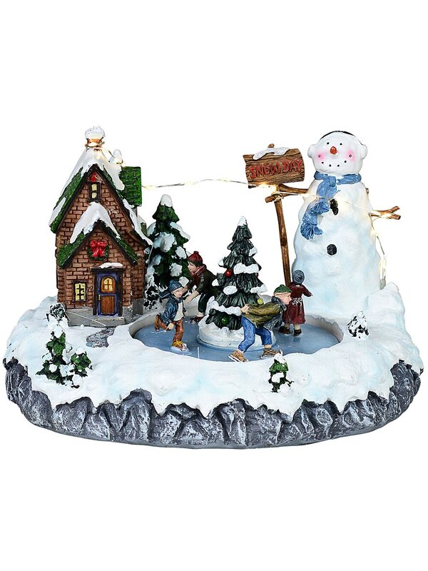 Snow Day! Skating Around A Frozen Pond Christmas Village Scene - 26cm