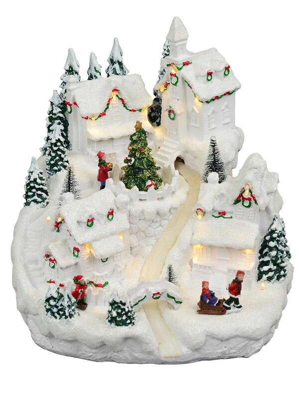 Snowy Mountain Christmas Town Scene With Lights & Moving Figures - 30cm