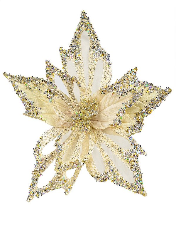 Soft Gold Poinsettia Pick With Clip & Diamante Detail - 32cm