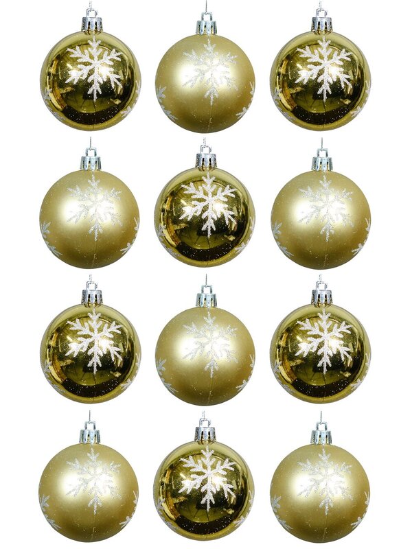 Soft Matte Gold & Metallic Ivory With Gold Snowflake Print Baubles - 12 x 60mm