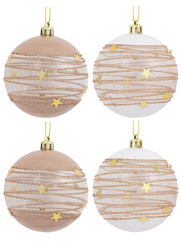 Taupe, White & Clear Baubles With Gold Stars & Glitter Lines - 6 x 60mm