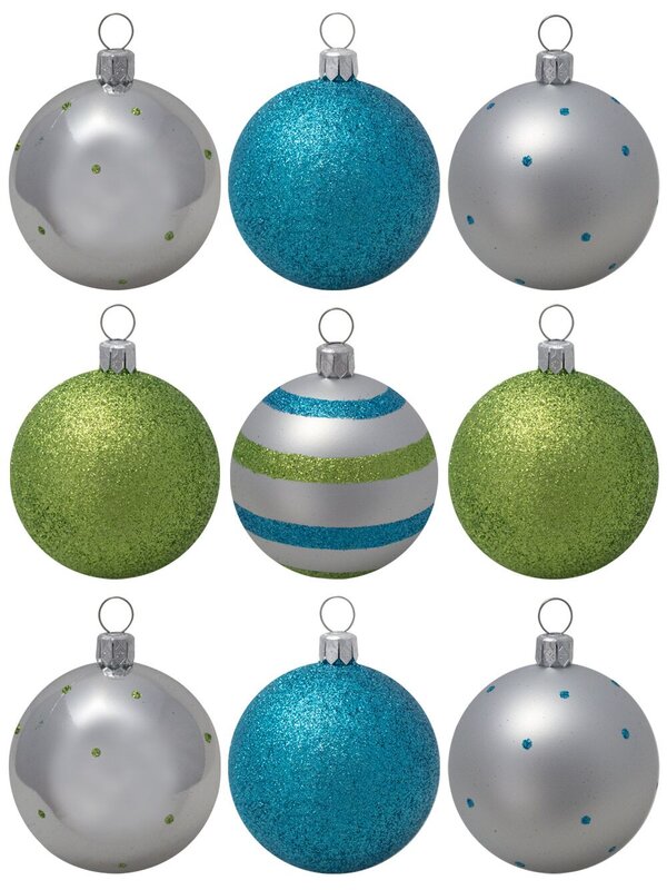 Turquoise, Lime & Silver Baubles With Assorted Patterns - 9 x 60mm