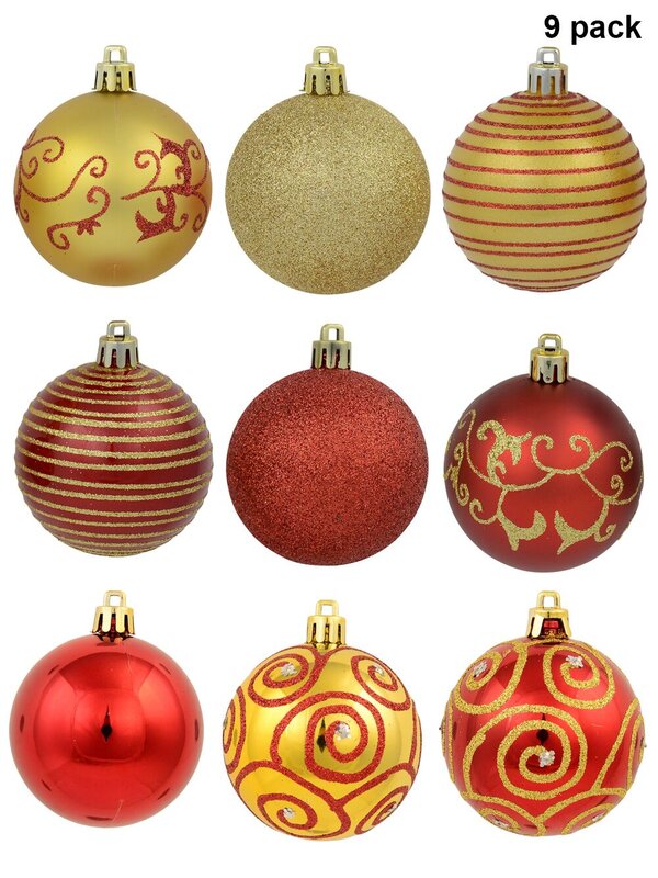 Various Red & Gold Baubles With Plain & Glittered Patterns - 9 x 60mm