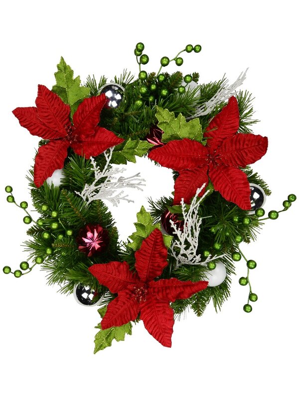 Vibrant Two Needle Pine Branch & Poinsettia Decorated Wreath - 44cm