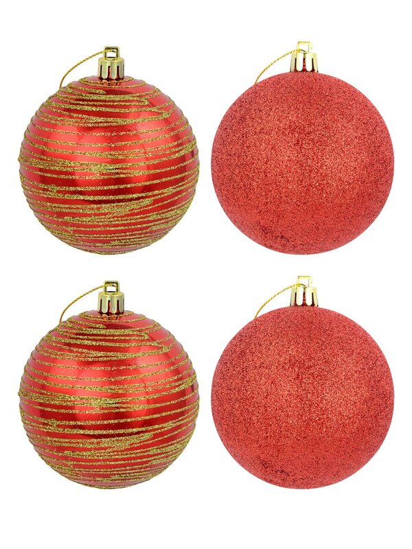 Watermelon Red Metallic Baubles With Glitter & Stripe Designs - 4 x 80mm