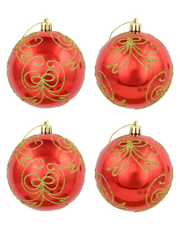 Watermelon Red Metallic Baubles With Gold Glitter Bow Designs - 4 x 80mm