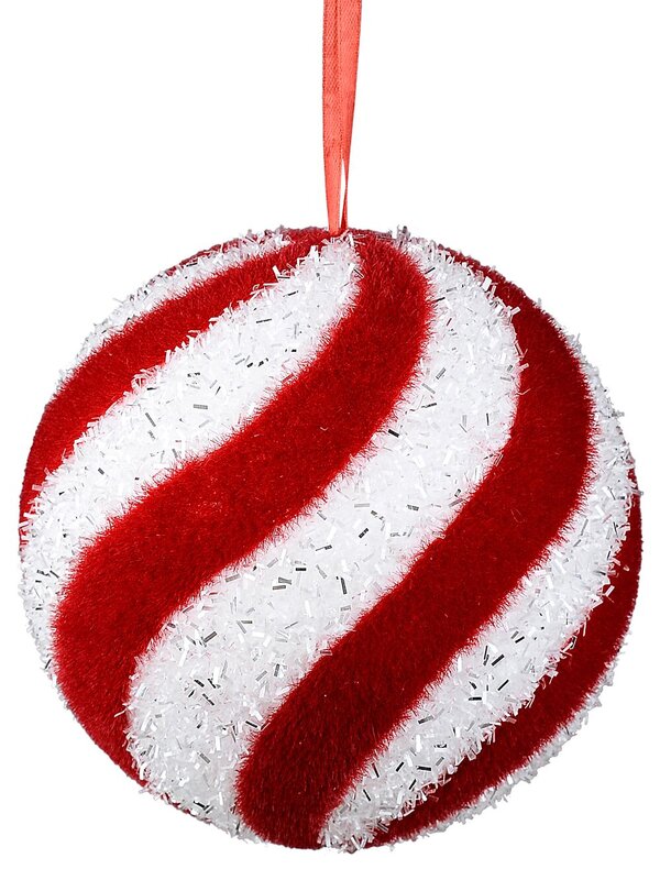 Whimsical Red & White Grand Flocked Candy Swirl Bauble | 15cm