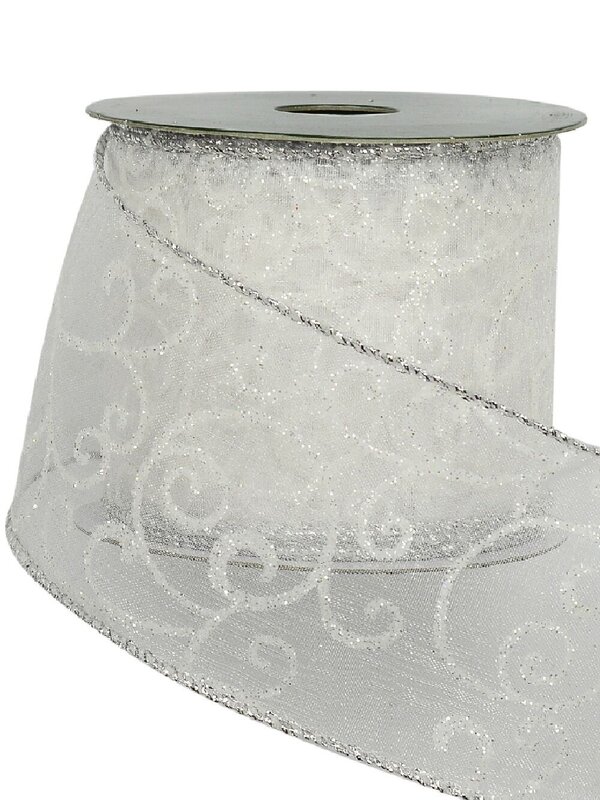 White Filigree Pattern Organza Wide Cut Ribbon 3m x 63mm