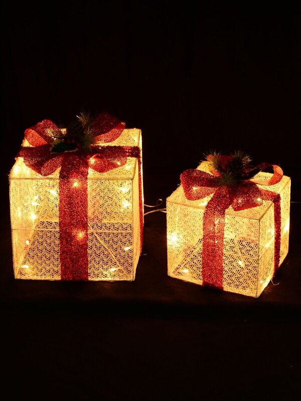 White Glitter Mesh 3D Gift Box LED Display Set | 25cm & 20cm
