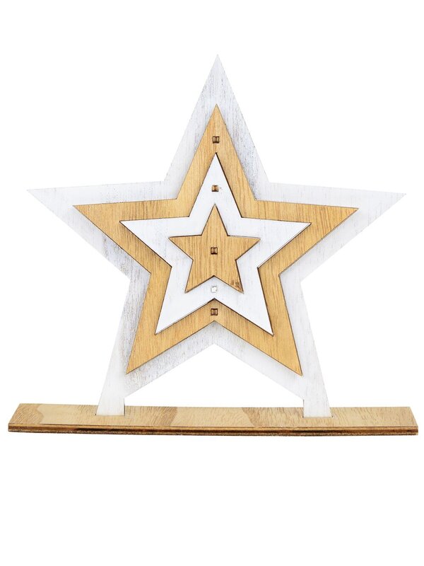 White & Natural Wooden Five Point Star Table Top Ornament - 20cm