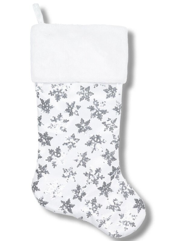 White Satin & Silver Sequin Snowflakes Christmas Stocking | 48cm