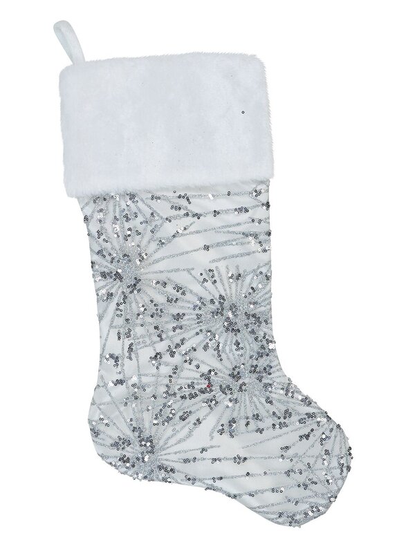 White Satin With Silver Sequin Starburst Pattern Christmas Stocking - 48cm