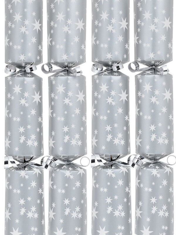White Stars Pattern Design On Silver Christmas Cracker Bon Bons - 50 x 30cm