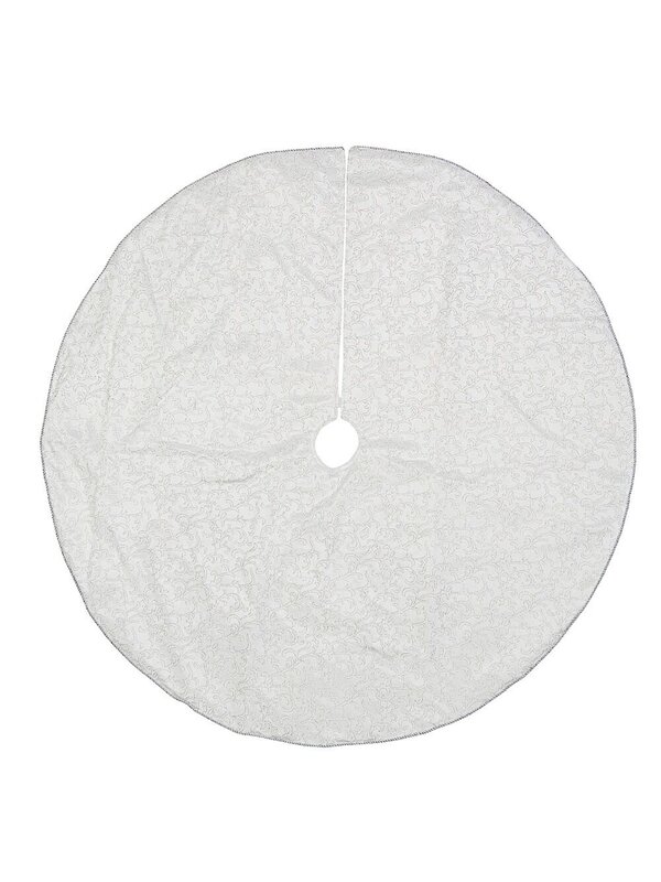White Velvet With Silver Print & Cord Trim Christmas Tree Skirt - 1.2m