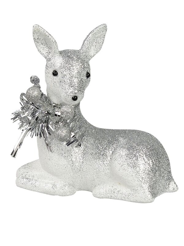 White With Silver Glitter Sitting Fawn Ornament - 12cm