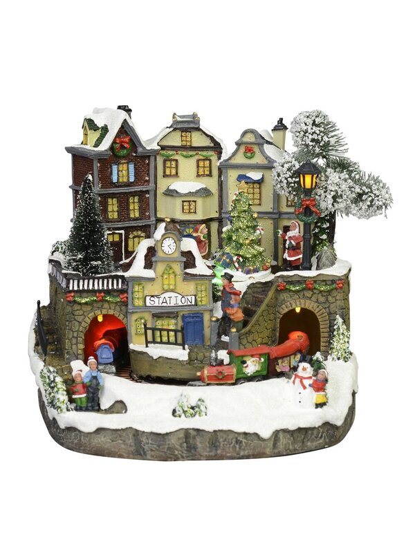 Winter Christmas Village & Train Station Scene with Animation & Lights - 23cm