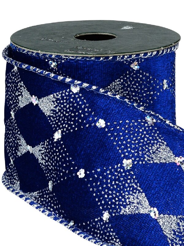 Wired Blue Velvet Ribbon With Silver Diamond Pattern | 3m x 63mm