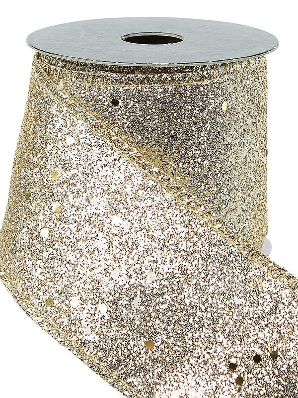 Wired Gold Glitter Ribbon With Sequins & Glitter Edging | 3m x 63mm