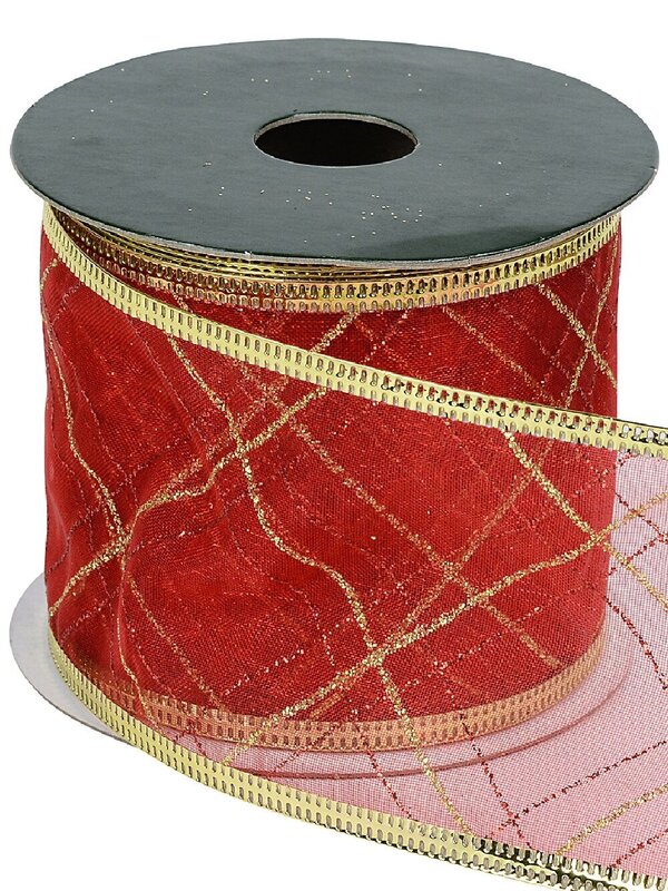 Wired Red Sheer Ribbon Red & Gold Glitter Plaid | 3m x 63mm